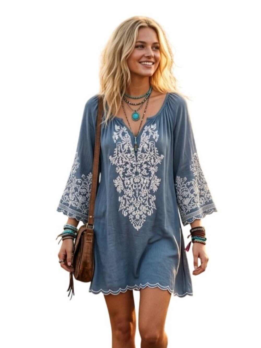 Bohemian Embroidered 3/4 Sleeve Sheath Summer Resort Dress S Vacation Festival